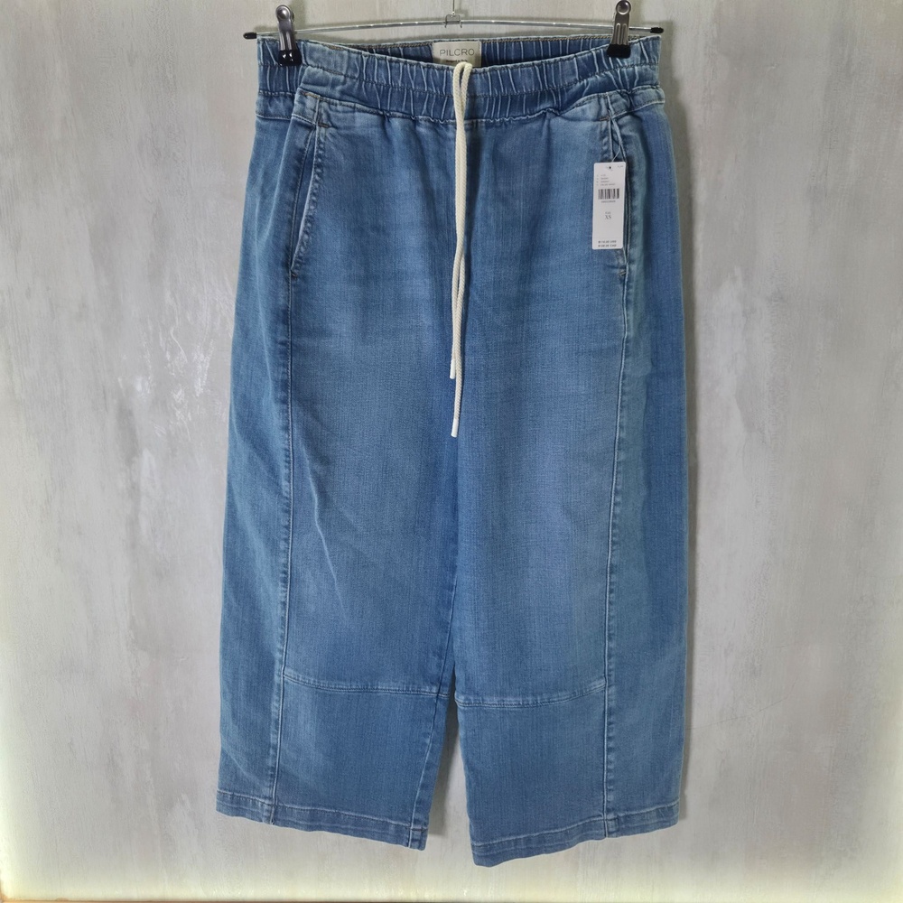 Pilcro Jeans Womens XS Blue Wide Leg Crop Elastic Waist Drawstring Denim Pull On